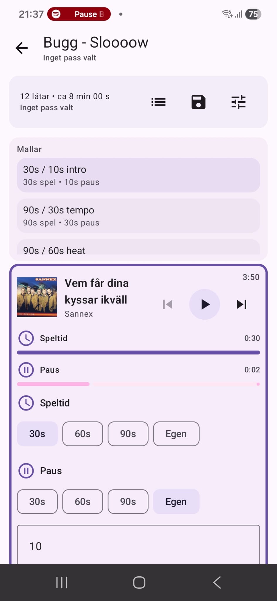 Danskompis Träning – Song pause screen