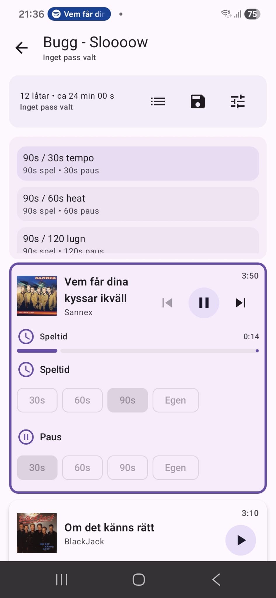 Danskompis Träning – Song playing screen