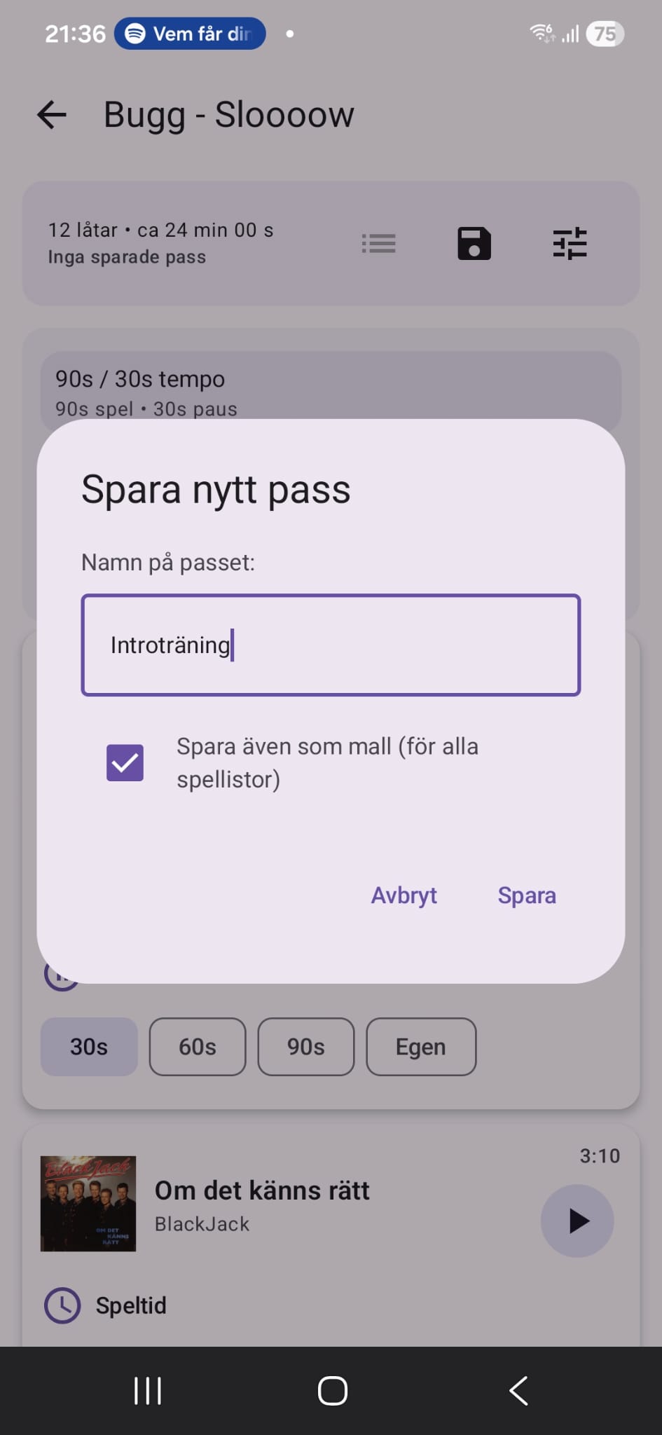 Danskompis Träning – Save new template screen