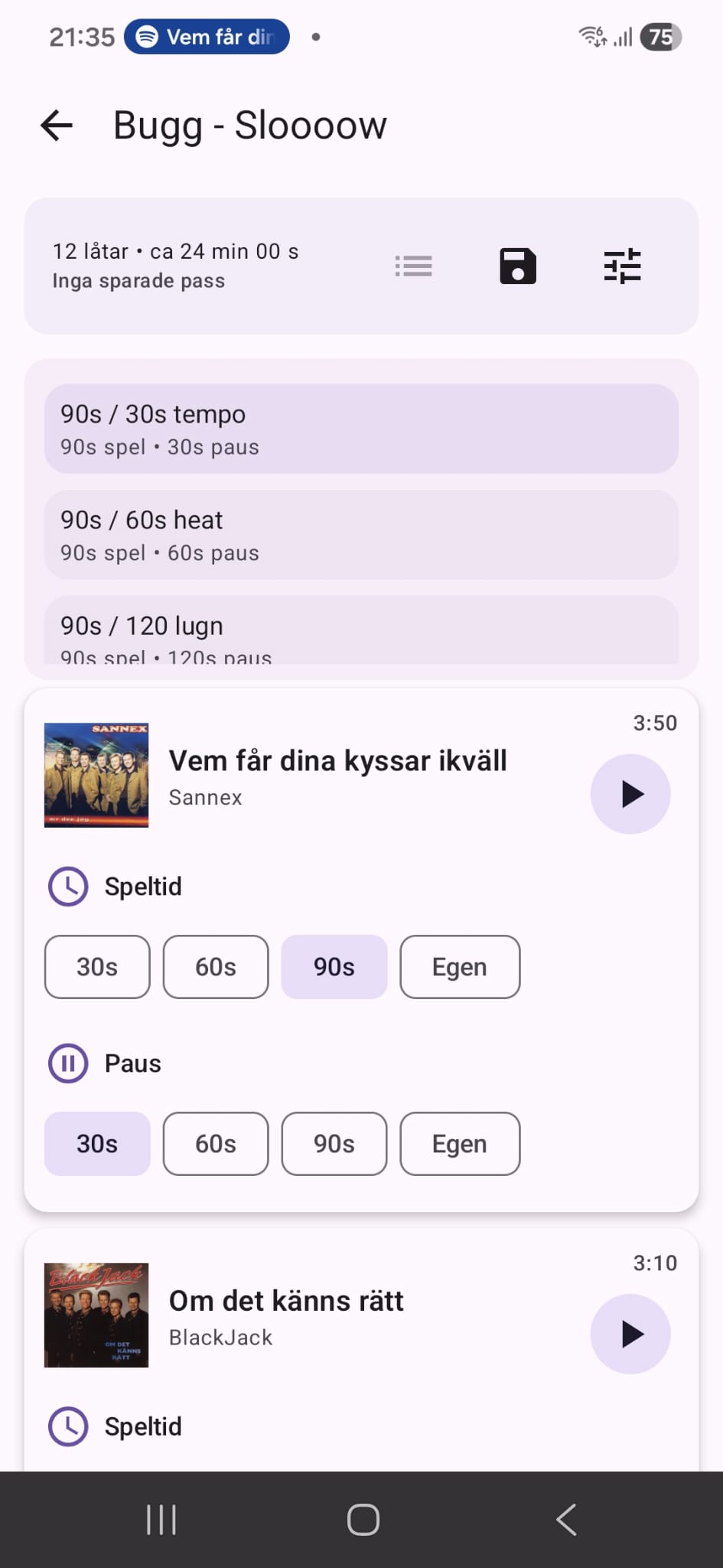 Danskompis Träning – Select template screen
