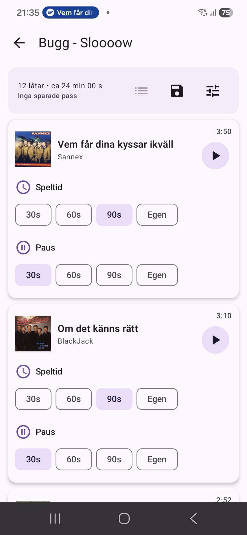 Danskompis Träning – Workout screen